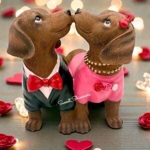 Wedding Valentines Kissing Dachshund Doxie Ween Dog Couple Statue Figure Decor